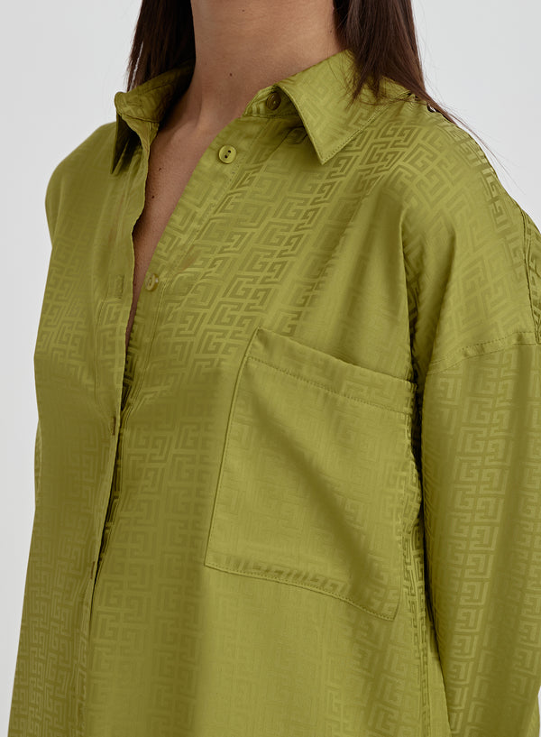 4th & Reckless Green Jacquard Satin Print Oversized Shirt- Mimi