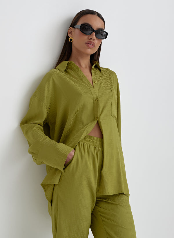 4th & reckless Green Jacquard Satin Print Oversized Shirt- Mimi