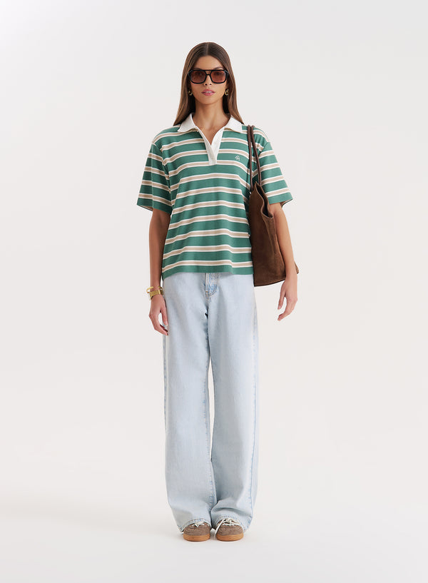 4th & Reckless Green Stripe Short Sleeve Polo Top- Ralph