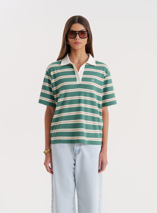 4th & reckless Green Stripe Short Sleeve Polo Top- Ralph