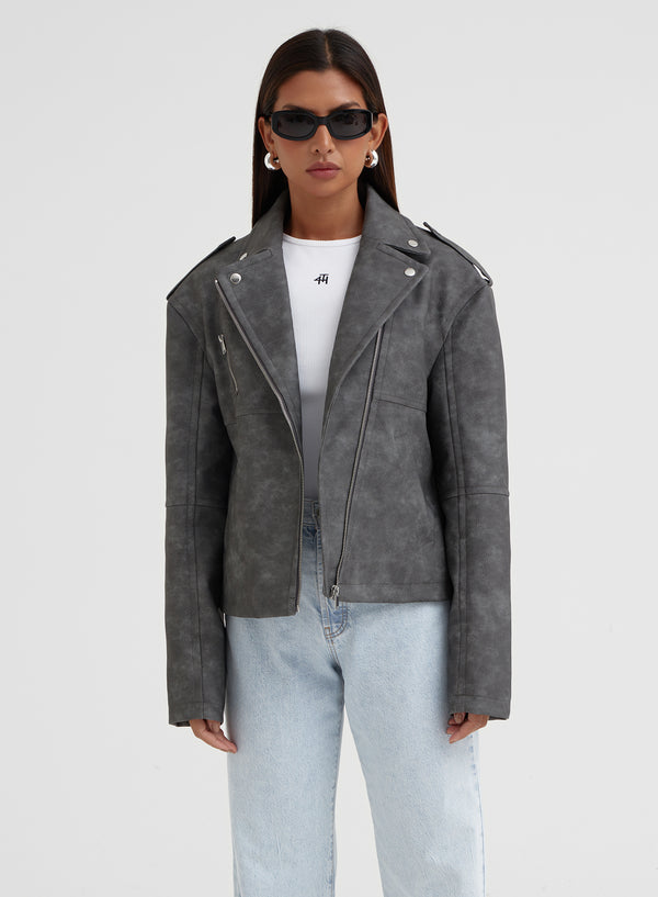 4th & Reckless Grey Washed Faux Leather Biker Jacket – Moto