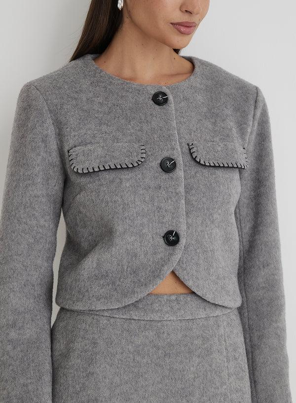 4th & Reckless Grey Wool Contrast Pocket Cropped Jacket- Mable