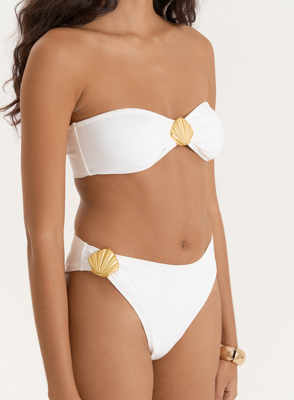 4th & Reckless Ivory Shell Buckle High Leg Bikini Bottom- Tamia