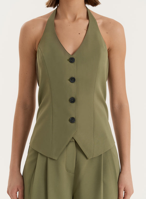 4th & Reckless Khaki Halter Neck Tailored Waistcoat- Sabrina