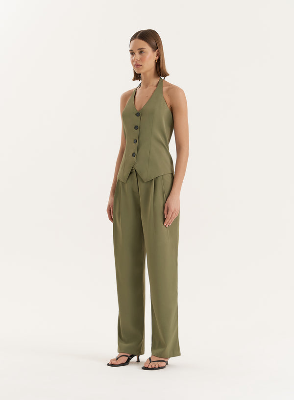 4th & Reckless Khaki Halter Neck Tailored Waistcoat- Sabrina