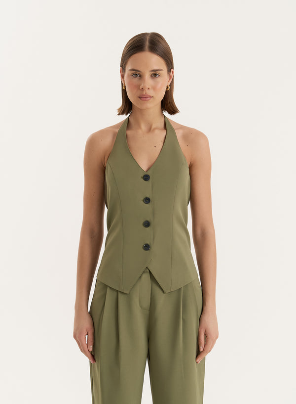 4th & reckless Khaki Halter Neck Tailored Waistcoat- Sabrina