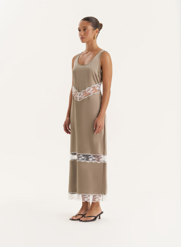 4th & Reckless Khaki Satin Lace Cut Out Maxi Dress- Sander