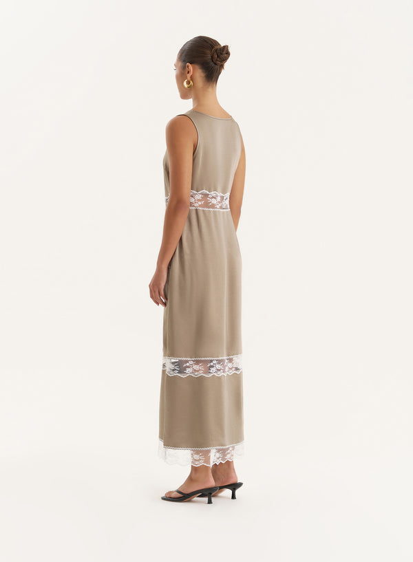 4th & Reckless Khaki Satin Lace Cut Out Maxi Dress- Sander