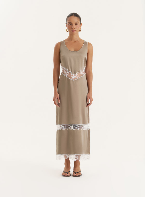 4th & reckless Khaki Satin Lace Cut Out Maxi Dress- Sander