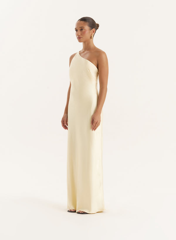 4th & Reckless Lemon Satin One Shoulder Maxi Dress- Ellen