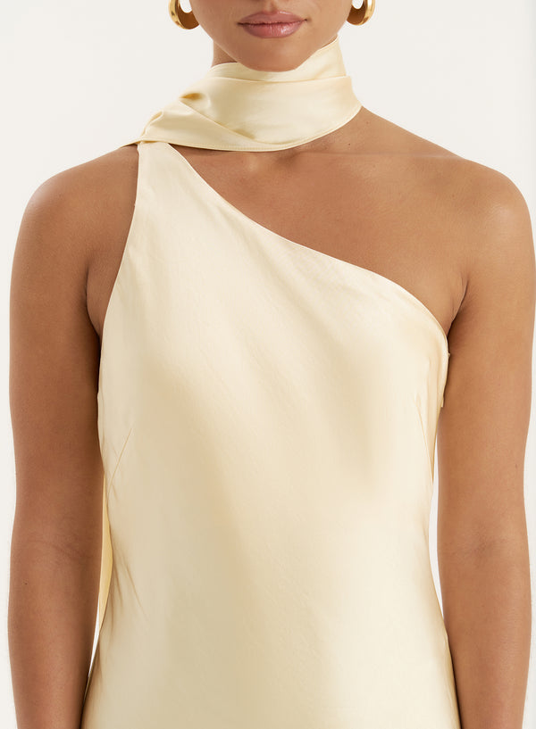 4th & Reckless Lemon Satin One Shoulder Maxi Dress- Ellen