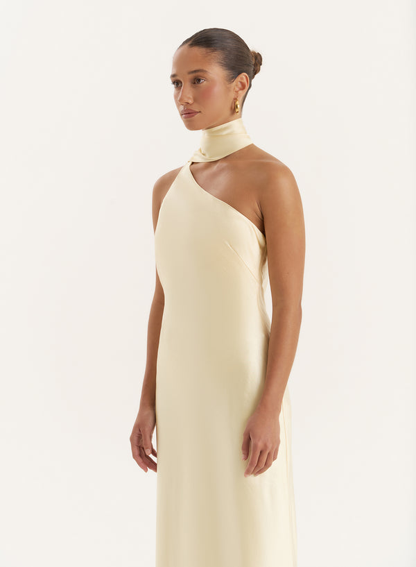 4th & Reckless Lemon Satin One Shoulder Maxi Dress- Ellen