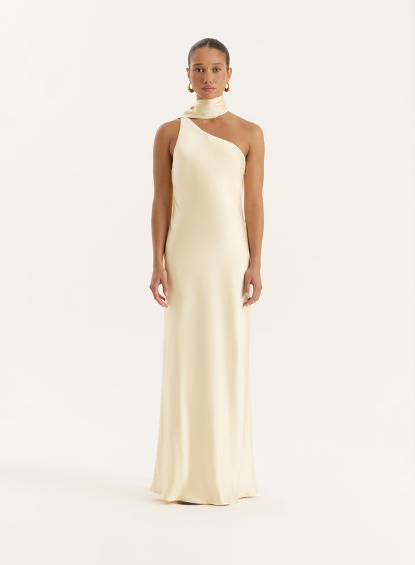 4th & reckless Lemon Satin One Shoulder Maxi Dress- Ellen