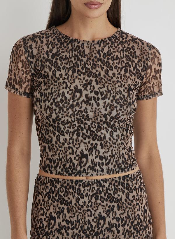 4th & Reckless Leopard Print Mesh Short Sleeve Top- Cher