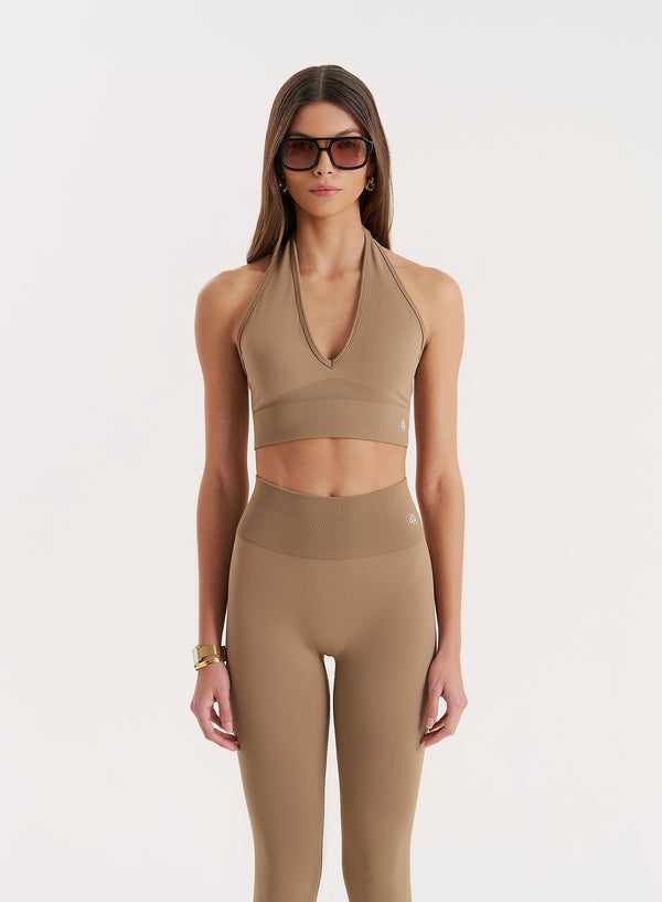 4th & reckless Mocha Halter Neck Seamless Sports Bra- Sammie