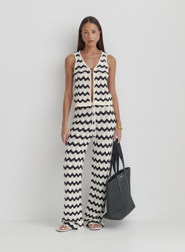 4th & Reckless Navy And Cream Wave Crochet Tie Side Top- Ana