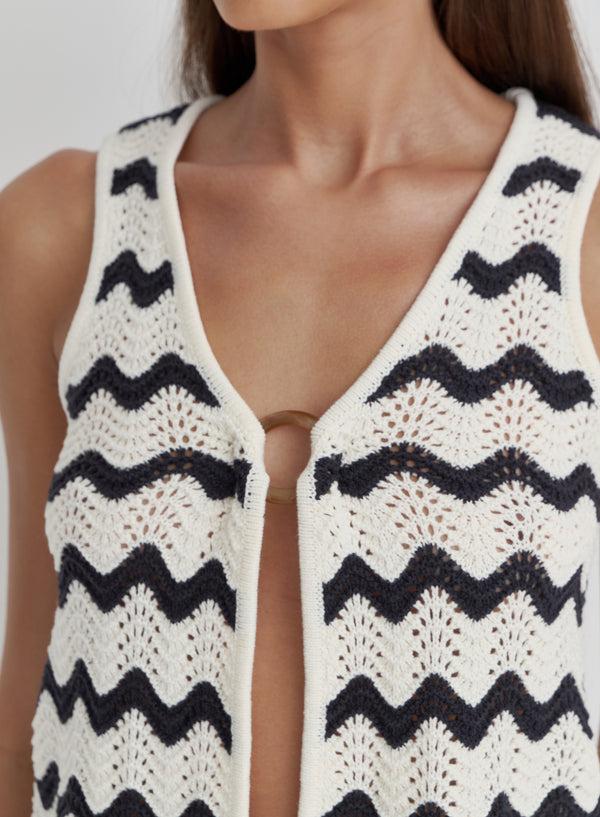 4th & Reckless Navy And Cream Wave Crochet Tie Side Top- Ana