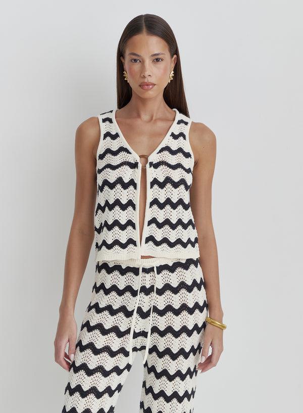 4th & Reckless Navy And Cream Wave Crochet Tie Side Top- Ana