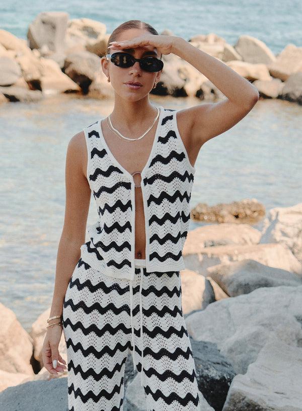 4th & reckless Navy And Cream Wave Crochet Tie Side Top- Ana