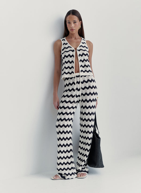 4th & Reckless Navy And Cream Wave Crochet Trouser- Ana