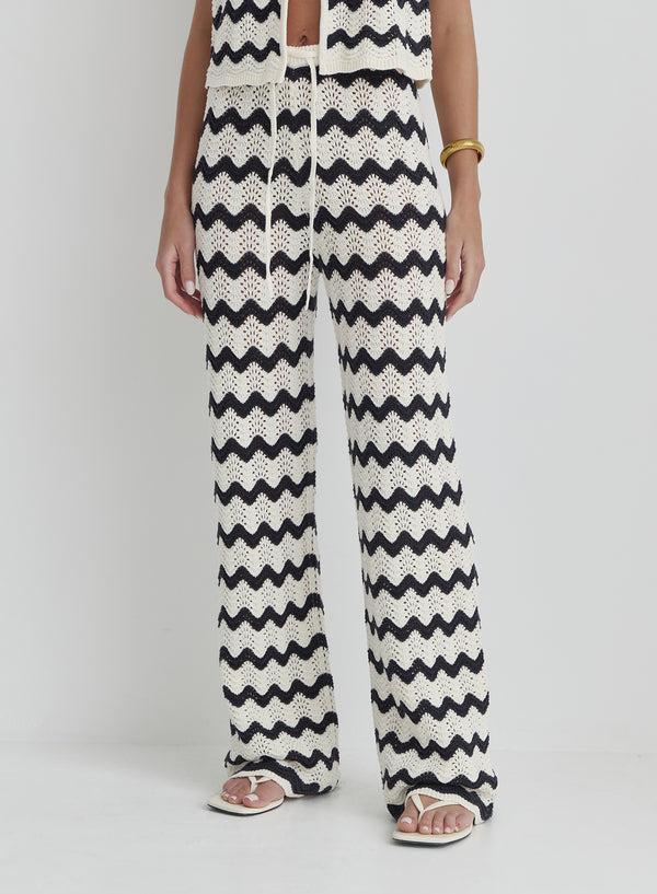 4th & Reckless Navy And Cream Wave Crochet Trouser- Ana