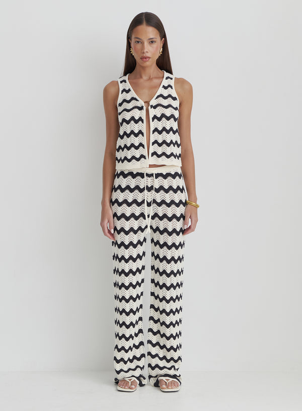 4th & Reckless Navy And Cream Wave Crochet Trouser- Ana