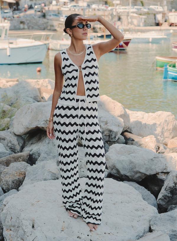 4th & reckless Navy And Cream Wave Crochet Trouser- Ana