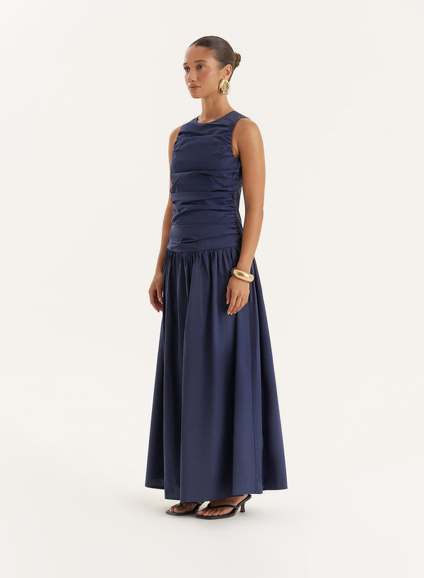 4th & Reckless Navy Cotton Poplin Drop Waist Maxi Dress- Zendaya