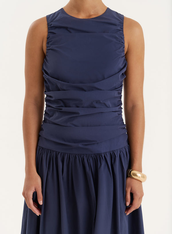 4th & Reckless Navy Cotton Poplin Drop Waist Maxi Dress- Zendaya
