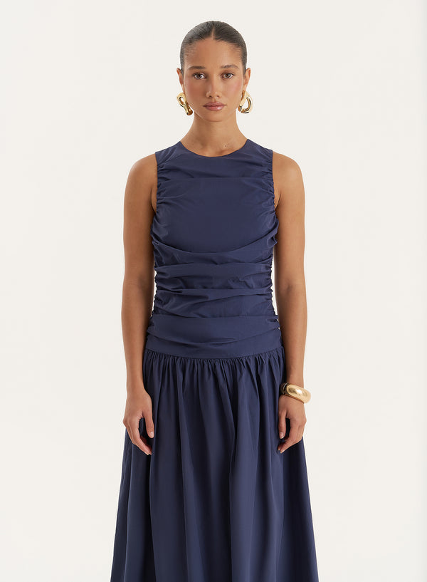 4th & Reckless Navy Cotton Poplin Drop Waist Maxi Dress- Zendaya