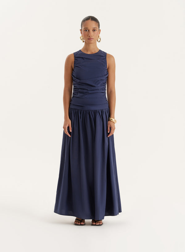 4th & reckless Navy Cotton Poplin Drop Waist Maxi Dress- Zendaya