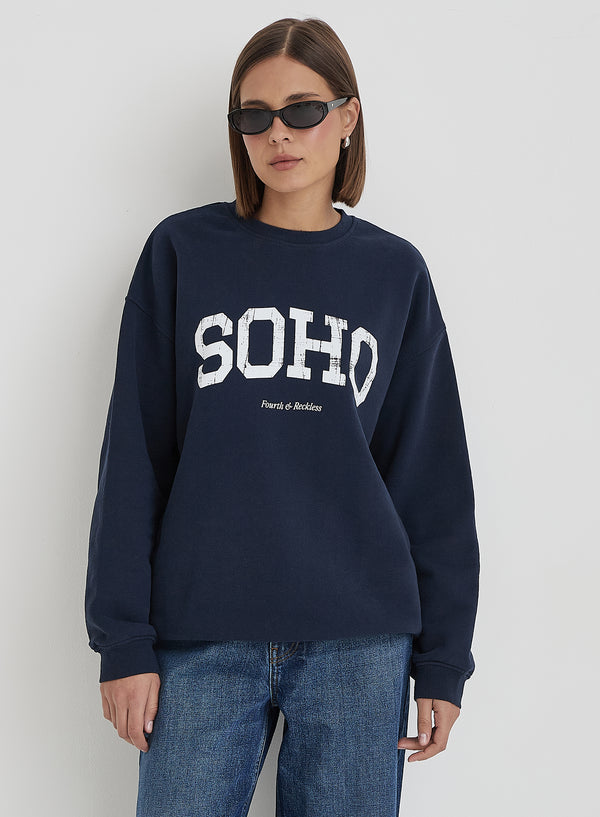 4th & Reckless Navy Distressed Soho Slogan Classic Longline Sweatshirt- Bobbi