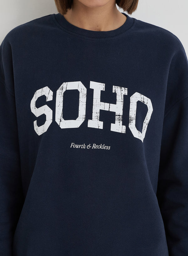 4th & Reckless Navy Distressed Soho Slogan Classic Longline Sweatshirt- Bobbi