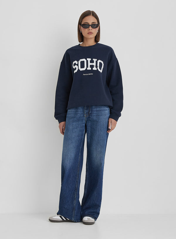 4th & reckless Navy Distressed Soho Slogan Classic Longline Sweatshirt- Bobbi