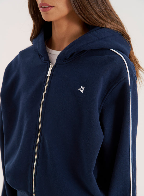 4th & Reckless Navy Fourth Branded Cropped Zip Hoodie- Carey
