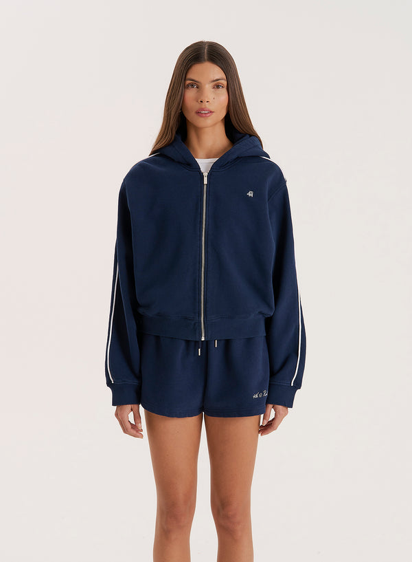 4th & reckless Navy Fourth Branded Cropped Zip Hoodie- Carey