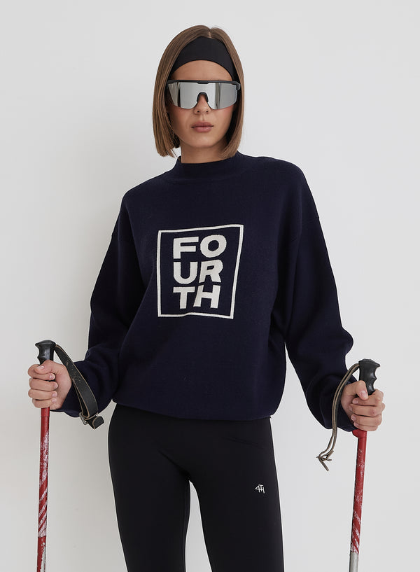 4th & Reckless Navy Funnel Neck Branded Cropped Jumper- Valene