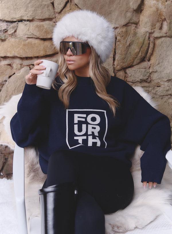 4th & Reckless Navy Funnel Neck Branded Cropped Jumper- Valene