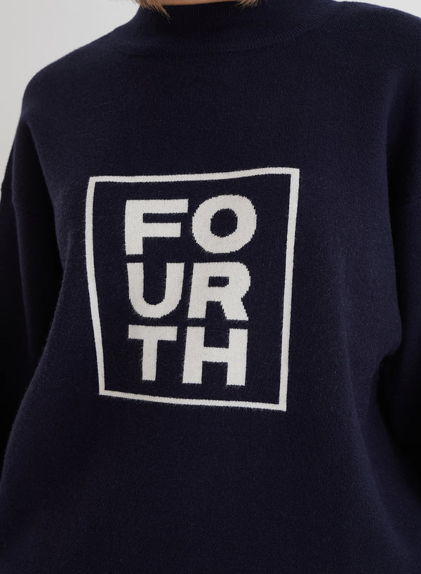 4th & Reckless Navy Funnel Neck Branded Cropped Jumper- Valene