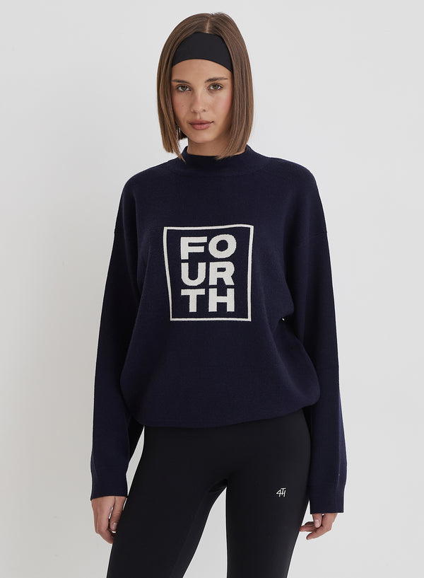 4th & reckless Navy Funnel Neck Branded Cropped Jumper- Valene