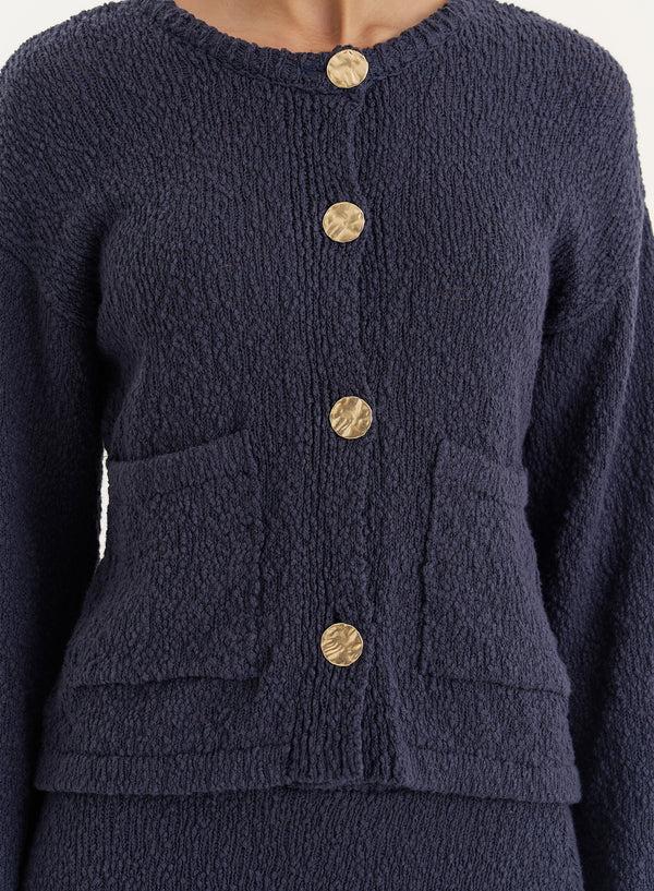 4th & Reckless Navy Knitted Gold Button Front Cardigan- Sharni