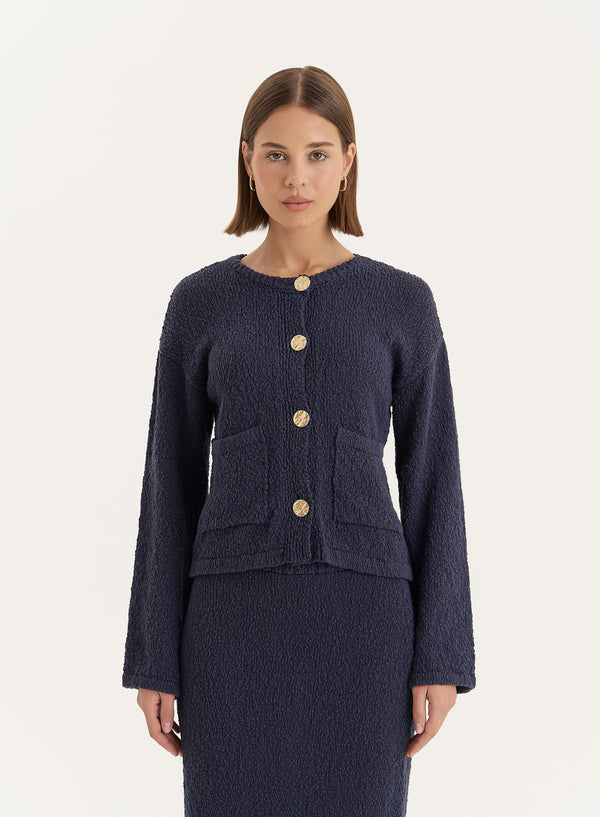 4th & reckless Navy Knitted Gold Button Front Cardigan- Sharni