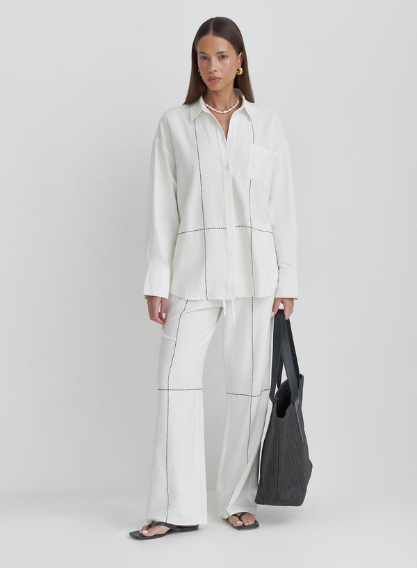 4th & Reckless Off White Contrast Stitch Linen Oversized Shirt- Genevive