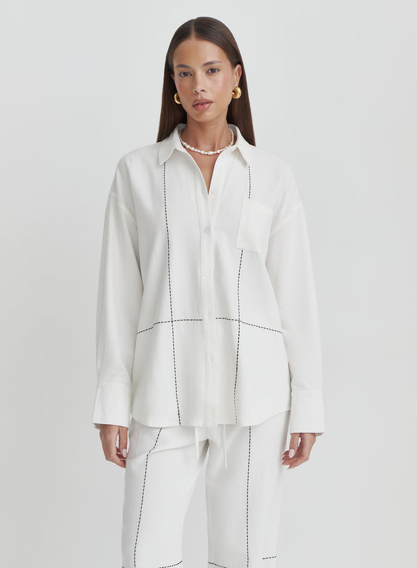 4th & Reckless Off White Contrast Stitch Linen Oversized Shirt- Genevive