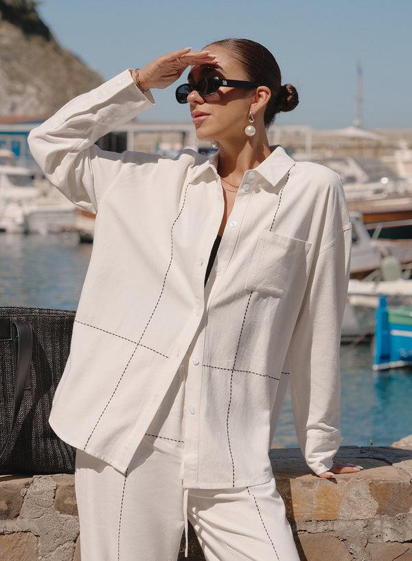 4th & reckless Off White Contrast Stitch Linen Oversized Shirt- Genevive