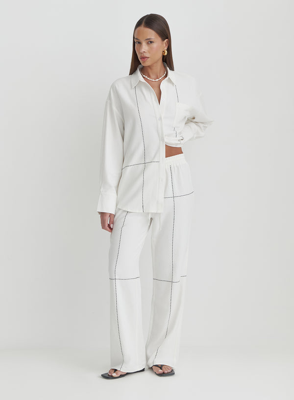 4th & Reckless Off White Contrast Stitch Linen Trouser- Genevive