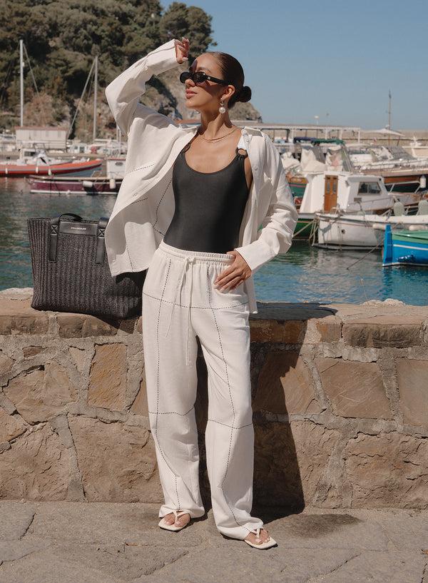 4th & reckless Off White Contrast Stitch Linen Trouser- Genevive