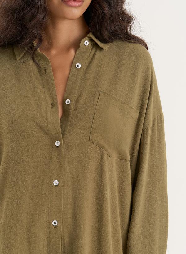 4th & Reckless Olive Linen Blend Oversized Shirt- Anna