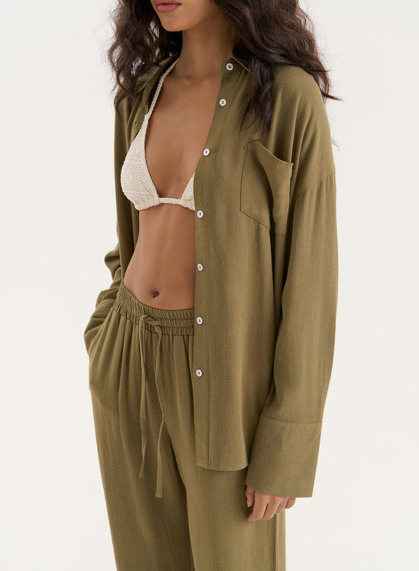 4th & Reckless Olive Linen Blend Oversized Shirt- Anna