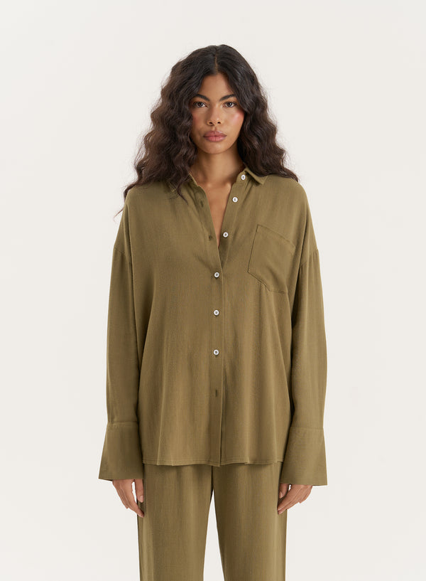 4th & reckless Olive Linen Blend Oversized Shirt- Anna